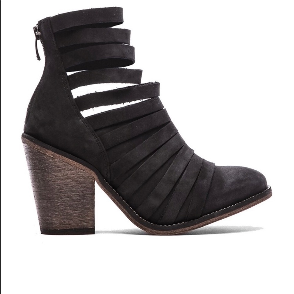 Free People Black Leather Hybrid Strappy Ankle Booties Stacked Heel